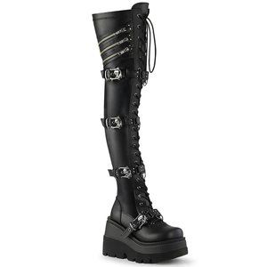 Demonia Shaker 420 Black Vegan Leather Thigh High Platform Goth Boots